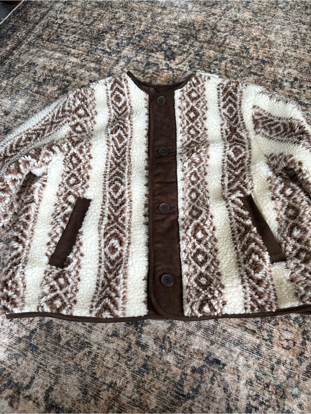 Old Navy Cream and Brown Patterned Sherpa Jacket